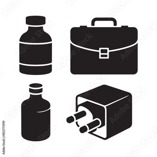 Black icons of medical bottles briefcase and power adapter