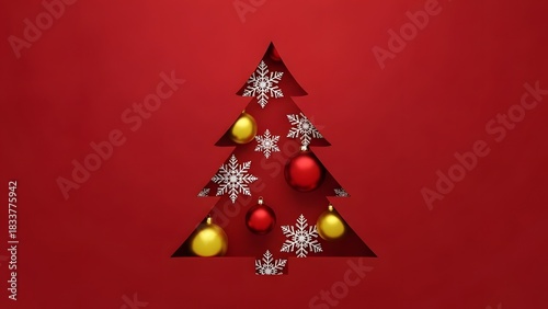 Festive red Christmas tree decorated with a red star, ribbons, and ornaments for the holiday season