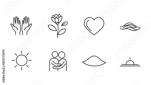 Minimalist outline icons of hands, flower, heart, waves, sun, embrace, lips, and sunset