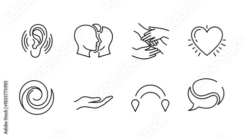 Minimalist line art symbols representing communication, connection, and understanding