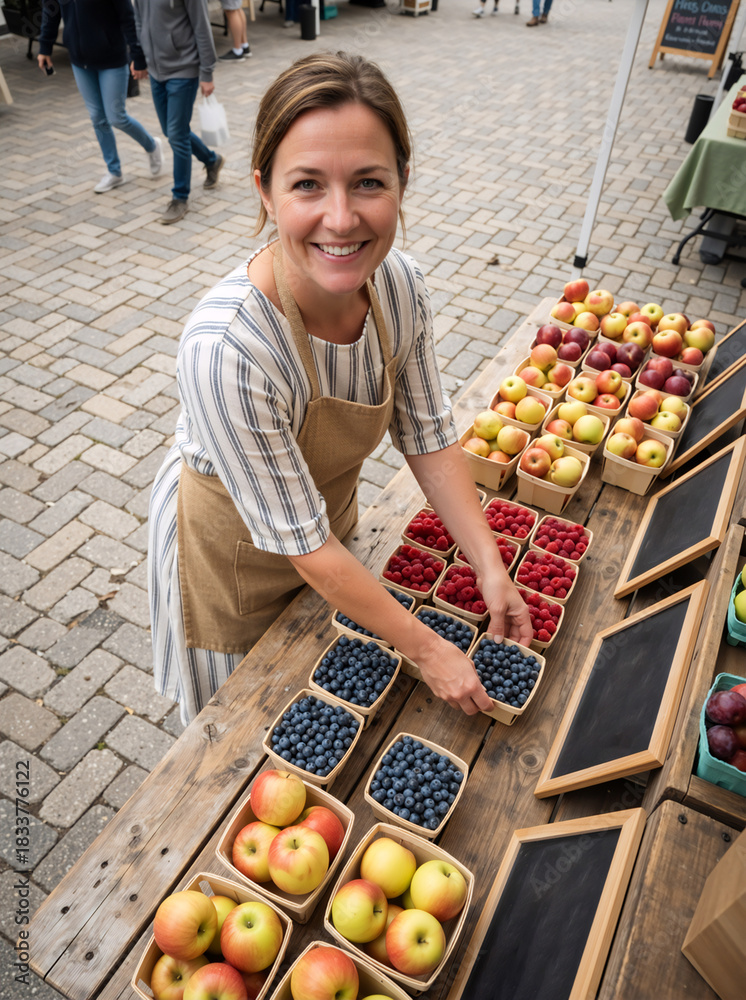 Obraz premium Smiling woman selling fresh fruit at a farmers market stall. Female vendor arranging blueberries, raspberries, and apples in wooden baskets. Vertical portrait of a happy small business owner