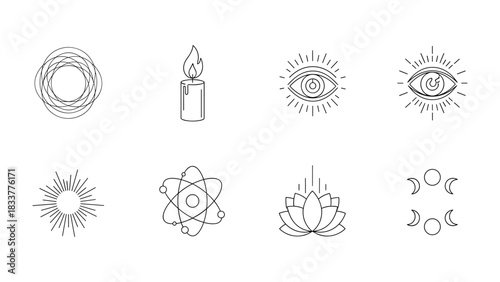 Minimalist line art icons: candle, eye, atom, lotus, sun and moon phases