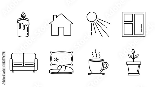 Minimalist line icons of home essentials and cozy living elements