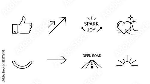 Minimalist line icons: thumbs up, arrows, spark joy, heart, road, horizon