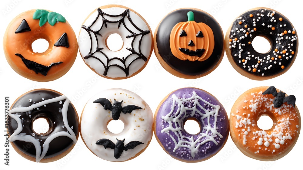 Obraz premium Assorted Halloween donuts with icing designs like pumpkins, bats, and spider webs isolated on pure white background