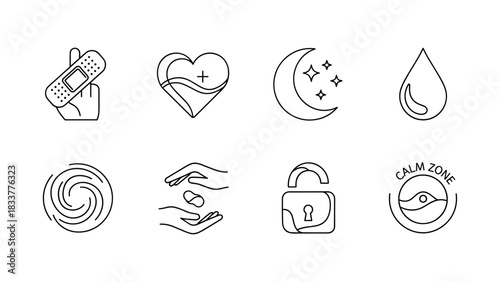 Minimalist wellness and health icons set featuring healing, tranquility, and protection