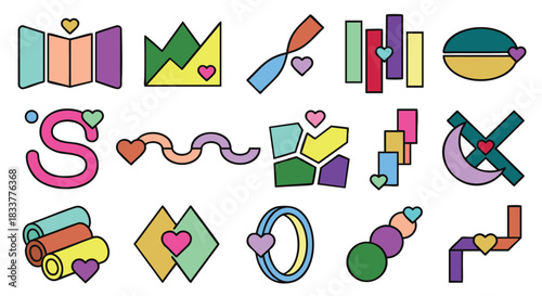 Whimsical geometric shapes with hearts bring playful charm to modern creative projects