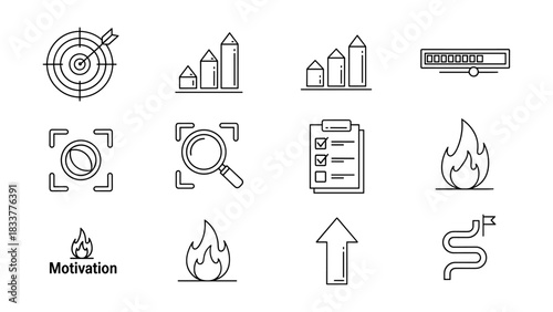 Linear business icons for goal setting and performance analysis