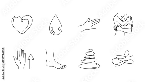Minimalist wellness icons set: heart, hands, water, balance, healing symbols