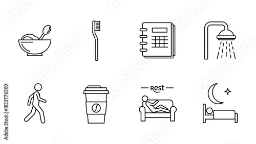 Daily routine icons set featuring food, hygiene, and relaxation activities in linear style