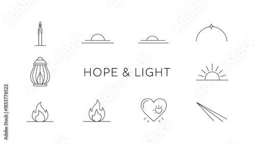 Minimalist hope and light theme with sun, candle, and flame icons in line art