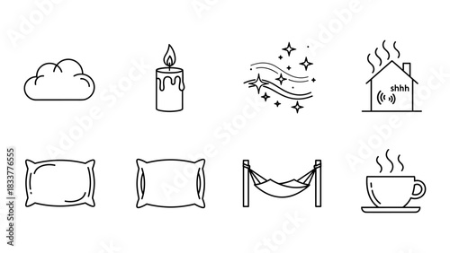 Cozy minimalist line art: cloud, candle, pillow, hammock, and warm tea icons