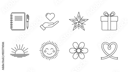 Minimalist line art icons featuring nature, love, and creativity elements