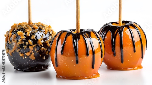 Caramel apples dipped in orange and black icing isolated on white background