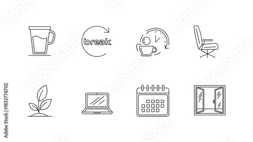 Minimalistic line icons for break, office, coffee, and work environment themes