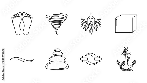 Linear icons: nature elements, footprints, anchor, and cube