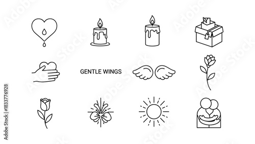 Minimalist symbol collection: candle, wing, heart, gift, flower, sun designs