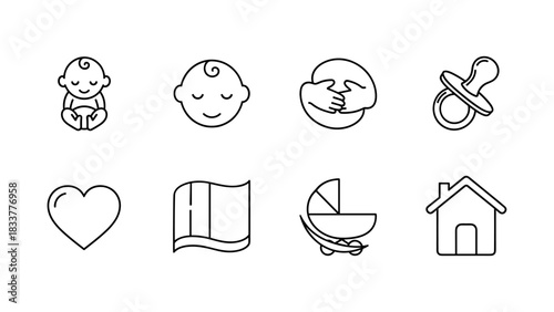 Minimalist baby icon set featuring stroller, pacifier, and more