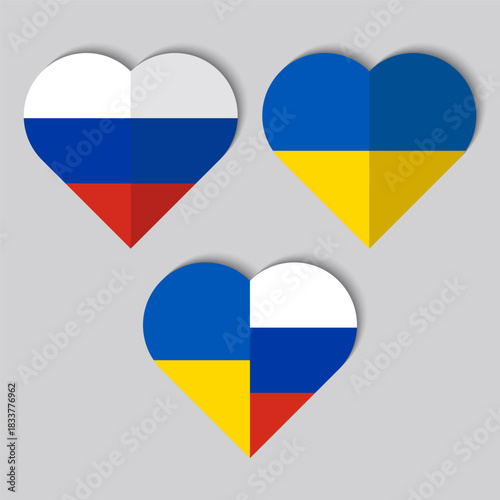 Icons Against the War. Illustration with flags of two countries in the shape of hearts, Russia and Ukraine.
