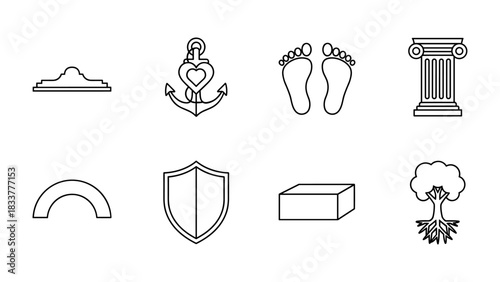 Minimalist outline icons: nautical, nature, architecture, and more