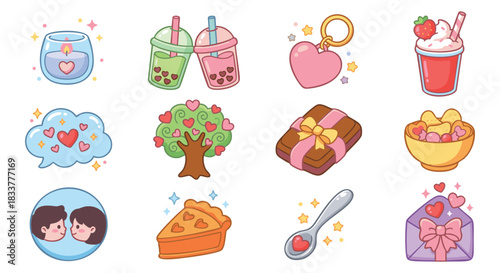 Adorable Valentine's Day icons set for heartfelt designs, perfect for gifts and sweet treats