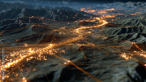 Smart grid energy map, digital lines and glowing nodes across terrain. Modern creative telecommunication and internet network connect in smart city. Concept of 5G wireless digital connection and int