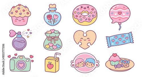 Adorable kawaii Valentine's Day icons for cute designs, stickers, cards, and sweet promotions