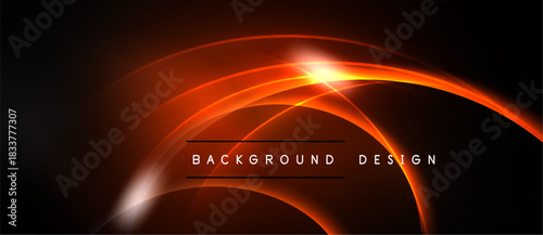 Dark background features vibrant orange lines, curves, glow. Central bright light source creates dynamic visual effect. Text reads background design.