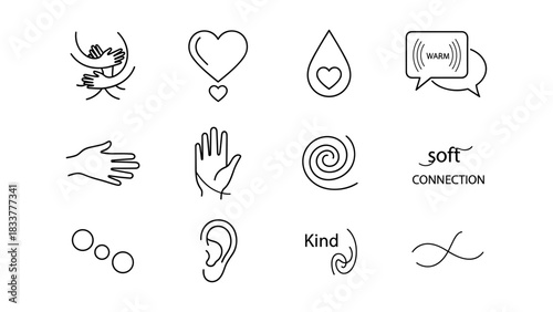 Minimalist linear symbols of emotion and connection with hands and heart iconography