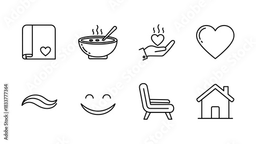 Minimalist outline icons for home and comfort: heart, soup, smile, chair