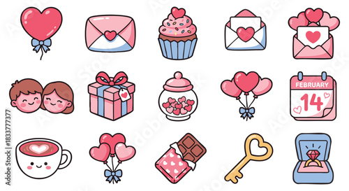 Delightful Valentine's Day icons set for sweethearts sharing candy, coffee and gifts of love