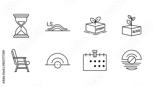 Minimal line art icons: hourglass, nature growth, modern simplicity