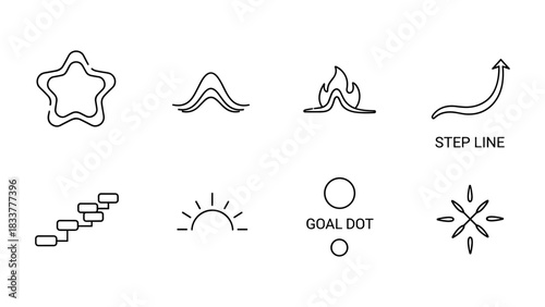 Simple outline icons set of nature, steps, and arrows in minimalist style