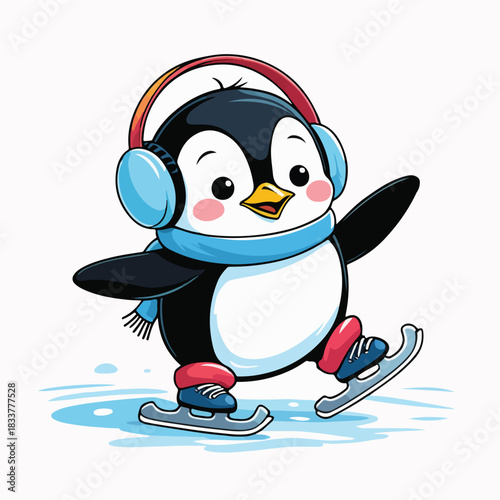a baby penguin wearing earmuffs and ice skates, sliding happily on ice