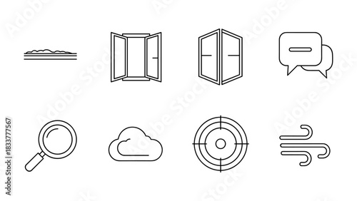 Minimalist line icons of weather, communication, and search elements