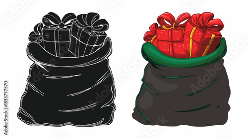 Santa's magical sack overflowing with festive gifts tied with elegant red bows for holiday joy