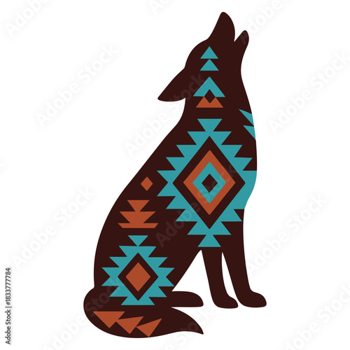  Southwestern Coyote Howling illustration, Wildlife Aztec Tribal Pattern, Southwestern Tribal Design, Boho Western Decor, trendy Animal Aztec ClipArt
