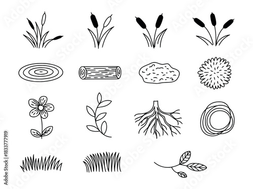 Nature icons set in doodle style isolated on transparent background, Vector
