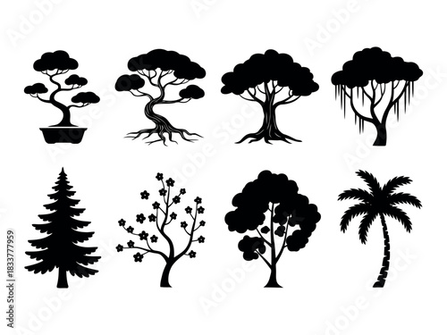 Diverse tree silhouettes collection isolated on transparent background, Vector