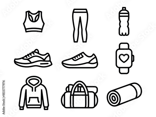 Fitness equipment and apparel flat icon set isolated on transparent background, Vector