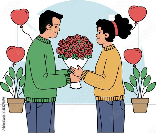 Giving Flowers illustration is suitable for romantic Valentine.