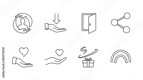 Minimalist line icons for connection, giving, and sharing concepts