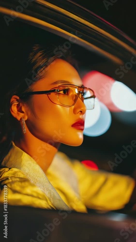 Sitting in an automobile is an Asian woman wearing futuristic eyewear.  Digital eyewear, tech, cyber concept.  Neon lights in a metropolis at night.  Stylish female in automobile cabin