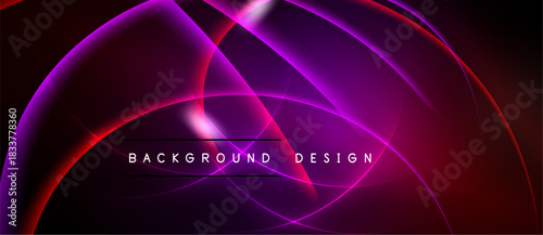 Abstract design features flowing purple, pink, red curves. Dark background enhances vibrant light effects, creating dynamic visual impact.
