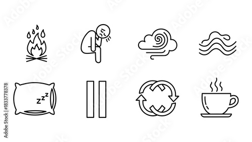 Minimalist icons of daily elements: fire, sleep, coffee, and more