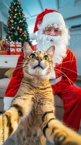 Funny Santa Claus selfie with surprised tabby cat at Christmas