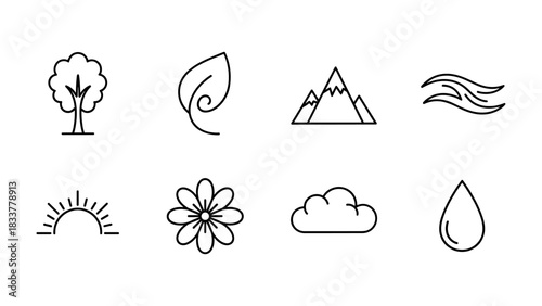 Minimalist nature icons set featuring tree, leaf, mountain, waves, sun, flower, cloud, and drop