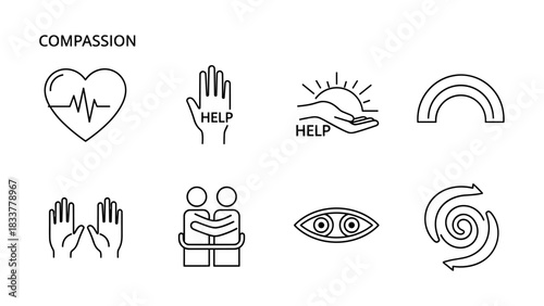 Compassion icons: heartbeat, helping hands, and symbols of care in line art