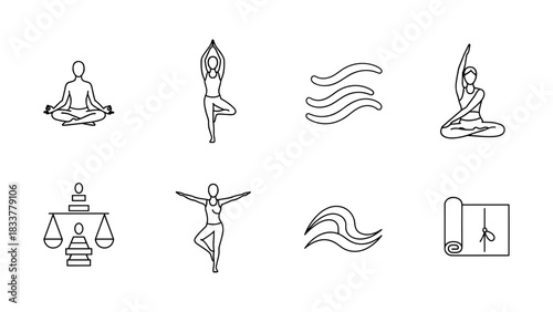 Minimalist yoga line art with meditative symbols and balance elements
