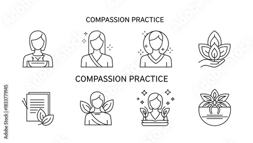 Mindfulness and compassion practice icons in minimalist linear style